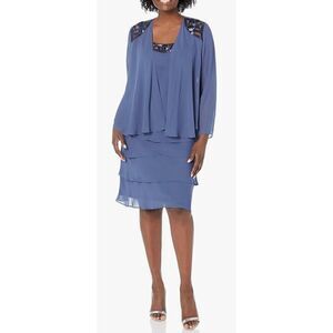 S.L. Fashions Mother of The Bride Jacket Dress with Sequined Cut Out Shoulder